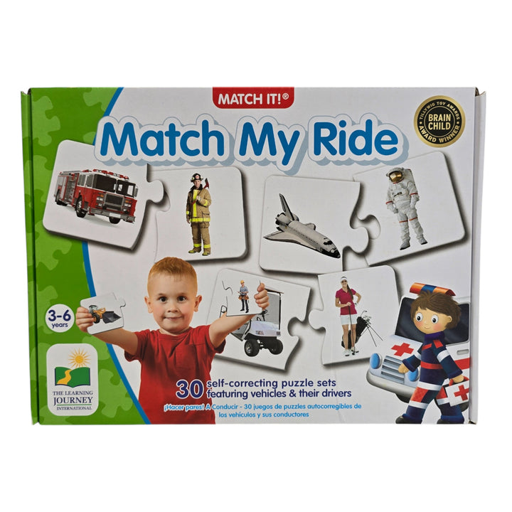 The Learning Journey International, Match It! - Match My Ride, The Learning Journey Match It! Match My Ride is a fun set of 30 puzzle cards that introduces little learners to a variety of modes of transportation and asks them to match it to their drivers! Match the astronaut to the space shuttle, fireman to firetruck and more! The puzzle pieces are self-correcting as the right driver will match their vehicles. A fun way to learn about transportation. 