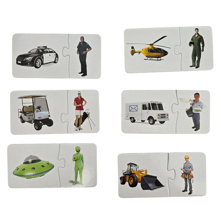 The Learning Journey International, Match It! - Match My Ride, The Learning Journey Match It! Match My Ride is a fun set of 30 puzzle cards that introduces little learners to a variety of modes of transportation and asks them to match it to their drivers! Match the astronaut to the space shuttle, fireman to firetruck and more! The puzzle pieces are self-correcting as the right driver will match their vehicles. A fun way to learn about transportation. 