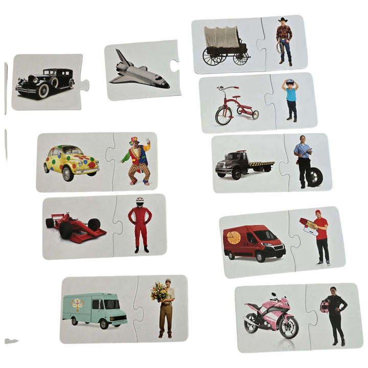 The Learning Journey International, Match It! - Match My Ride, The Learning Journey Match It! Match My Ride is a fun set of 30 puzzle cards that introduces little learners to a variety of modes of transportation and asks them to match it to their drivers! Match the astronaut to the space shuttle, fireman to firetruck and more! The puzzle pieces are self-correcting as the right driver will match their vehicles. A fun way to learn about transportation. 