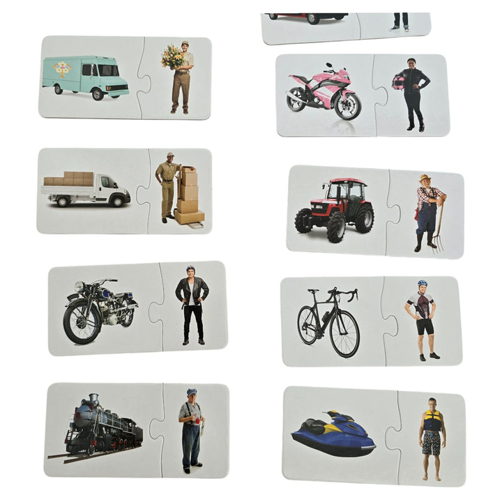 The Learning Journey International, Match It! - Match My Ride, The Learning Journey Match It! Match My Ride is a fun set of 30 puzzle cards that introduces little learners to a variety of modes of transportation and asks them to match it to their drivers! Match the astronaut to the space shuttle, fireman to firetruck and more! The puzzle pieces are self-correcting as the right driver will match their vehicles. A fun way to learn about transportation. 