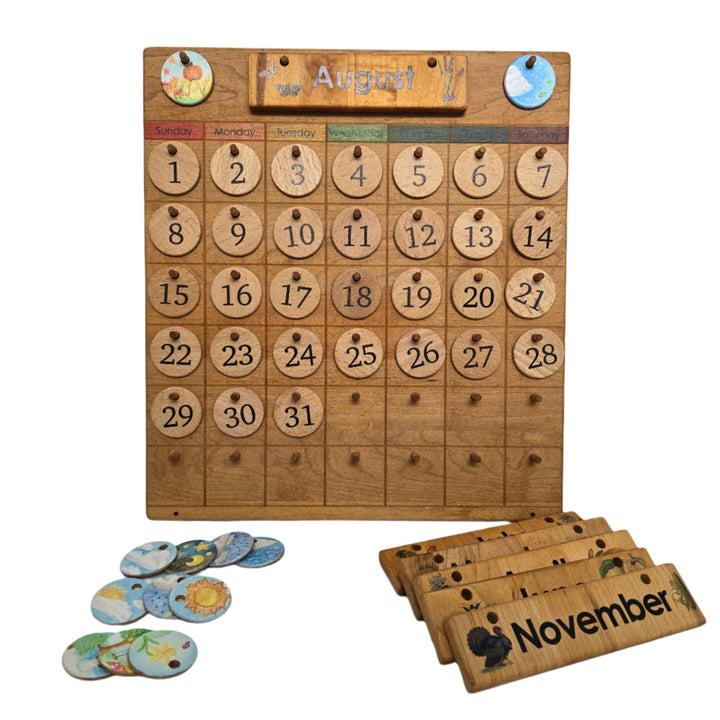 Treasures From Jennifer, Home Calendar. Our wooden perpetual Home Calendar is made from solid hardwood, high quality printing, and beautiful unique design. Wonderful for everyday use in your home and school. Ready to hang on the wall or pair with our Tabletop Stand for displaying on a flat surface (stand is not included). Pieces are all removable and give the child an interactive way to learn about time, weather, season, and upcoming events. The top pegs display your season and weather coins next to the mon