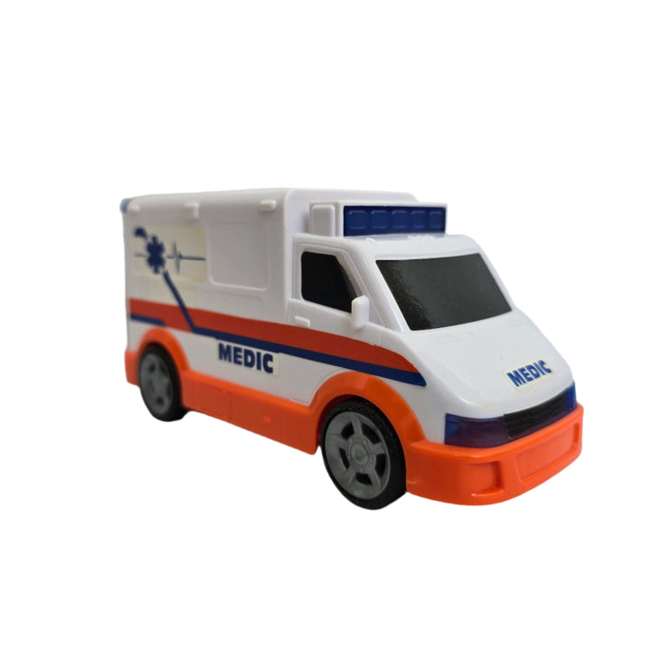 Teamsterz, Teamsterz Small L&S Ambulance (Int) Age- 3 Years & Above Respond to medical emergencies with the Teamsterz Light & Sound Ambulance Features realistic engine and siren sounds, light up headlights and blue flashing lights Supplied in a white and orange colourway with detailed printed graphics Independent free moving wheels Helps develop cognitive and fine motor skills Inspires imaginative storytelling and encourages your child to explore the world around them.