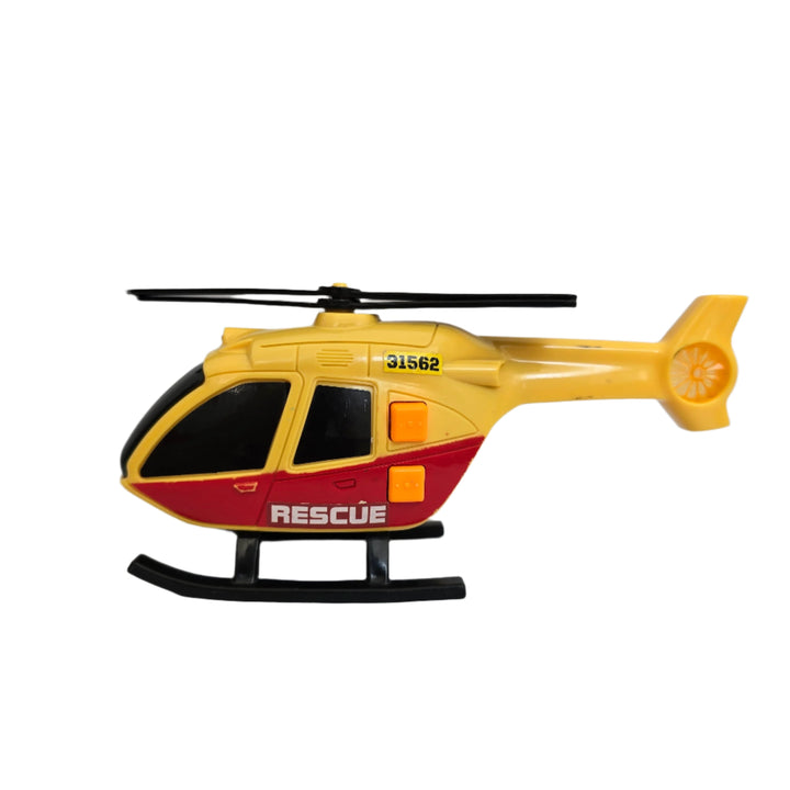 Teamsterz, The teamsterz small light & sound search rescue helicopter encourages learning through play. It features yellow flashing lights and siren, free moving blades and chopper sounds. Role-play responding to an emergency as the chopper takes flight to search and rescue missing or stranded civilians. Includes x lr44/Ag13 batteries. Suitable for 3 years plus.