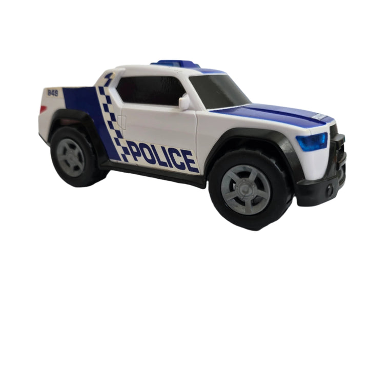 Teamsterz, Teamsterz Small Light and Sounds Police Pick up, The Teamsterz Small Light & Sound Police Pick Up Truck encourages learning through play. It features emergency blue flashing lights, siren and engine noises. Role-play responding to a Police emergency call as the free wheeling vehicle speeds to the incident. Includes 3 x LR44/AG13 batteries. Suitable for 3 years plus.