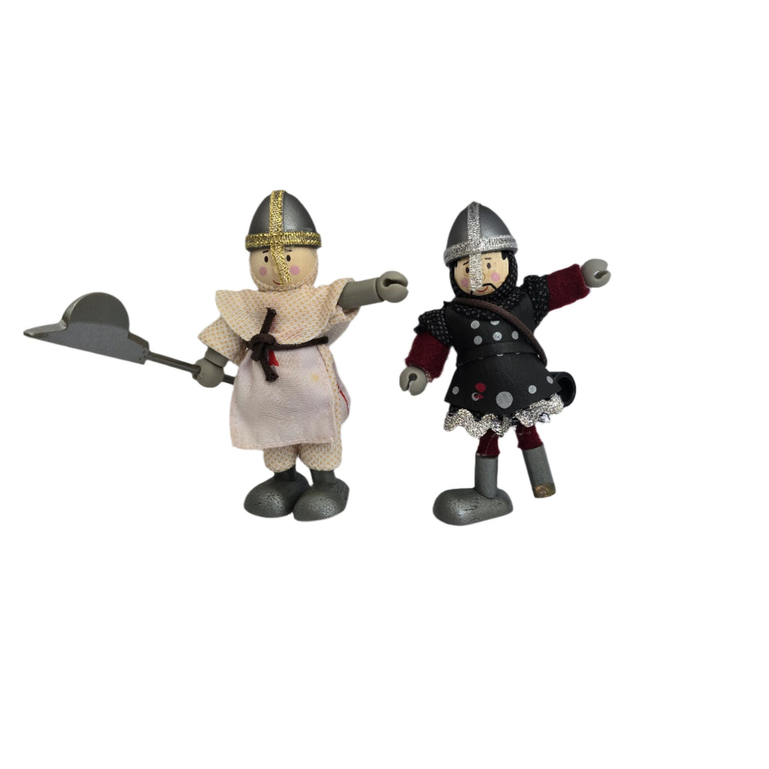 Le Toy Van, Defend your honor with the Crusader set; This gift pack set includes 3 popular budkins figurines; the included budkins are Richard the Lionheart, dark Knight Henry and Knight Leon; all budkins characters are fully poseable and have real fabric outfits; this gift pack is perfectly scaled for Le Toy Van castle play sets.