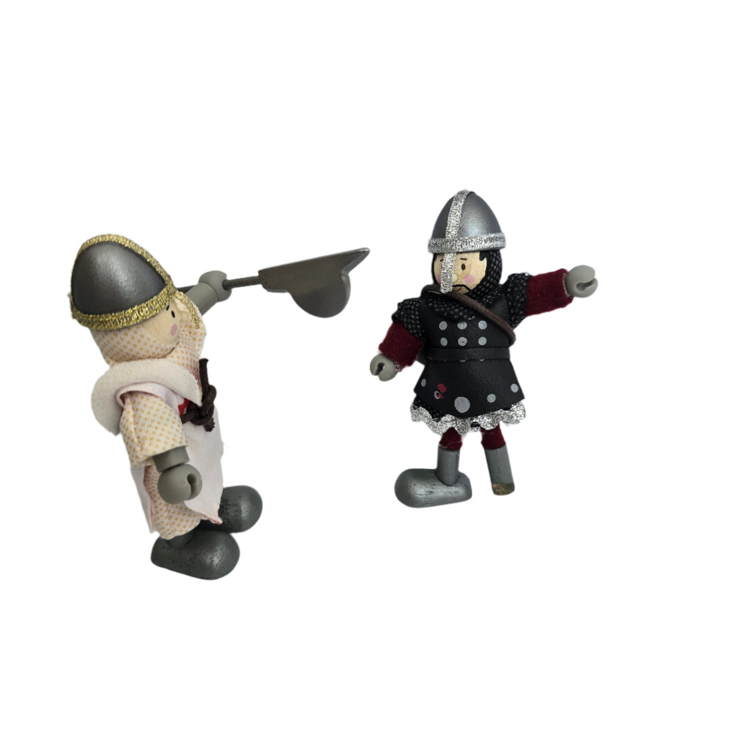 Le Toy Van, Defend your honor with the Crusader set; This gift pack set includes 3 popular budkins figurines; the included budkins are Richard the Lionheart, dark Knight Henry and Knight Leon; all budkins characters are fully poseable and have real fabric outfits; this gift pack is perfectly scaled for Le Toy Van castle play sets.