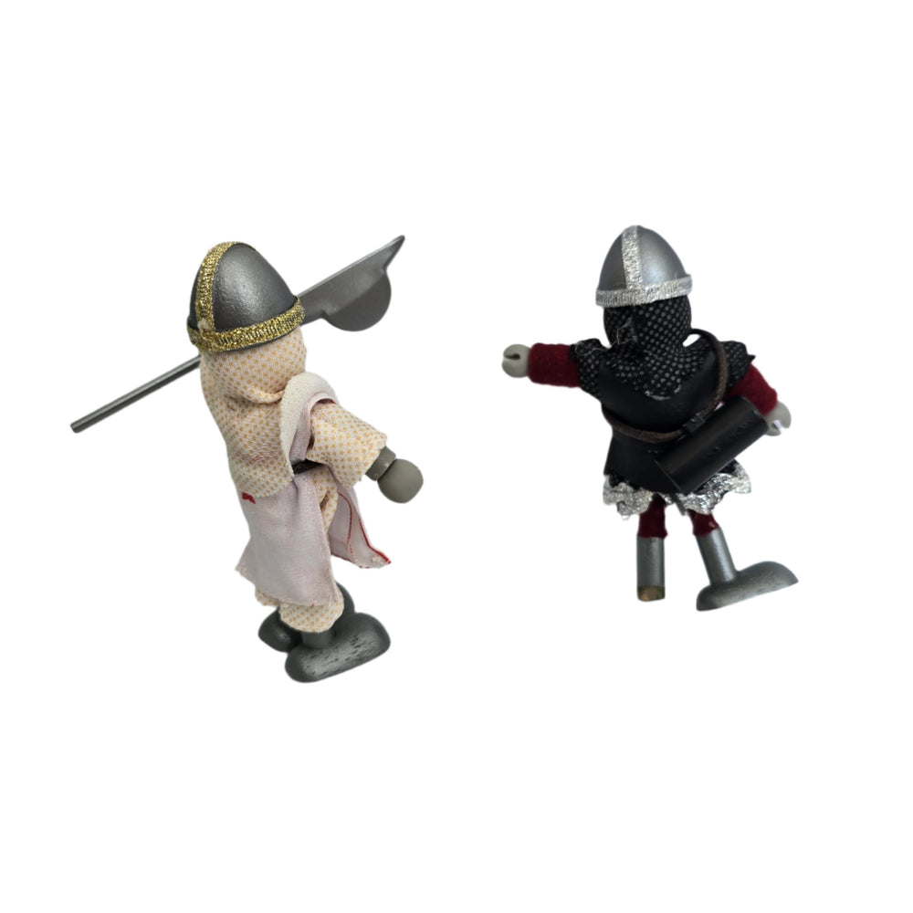 Le Toy Van, Defend your honor with the Crusader set; This gift pack set includes 3 popular budkins figurines; the included budkins are Richard the Lionheart, dark Knight Henry and Knight Leon; all budkins characters are fully poseable and have real fabric outfits; this gift pack is perfectly scaled for Le Toy Van castle play sets.