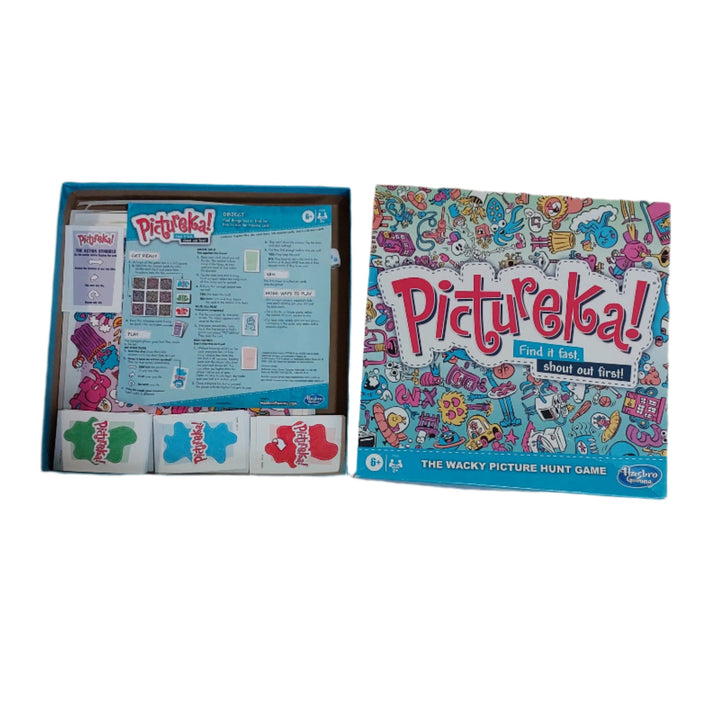 Hasbro, The Pictureka! game is laugh-out-loud entertainment as players try to find it fast and find it first in this picture game! Who will be the first player to find a dinosaur on one of the tile cards? How about finding things that are loud or crazy hairdos? 