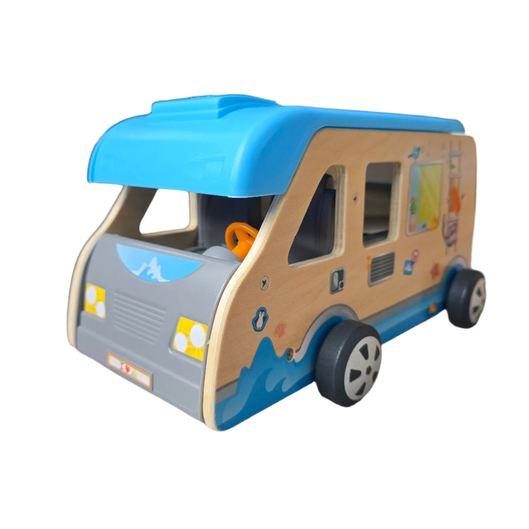Hape, Adventure Van Toy, Head out for an amazing camping adventure with picnics, surfing and even hang-gliding with this brilliant, easy-to-carry camper van complete with dolls and accessories!