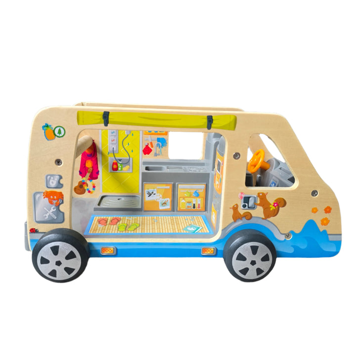 Hape, Adventure Van Toy, Head out for an amazing camping adventure with picnics, surfing and even hang-gliding with this brilliant, easy-to-carry camper van complete with dolls and accessories!