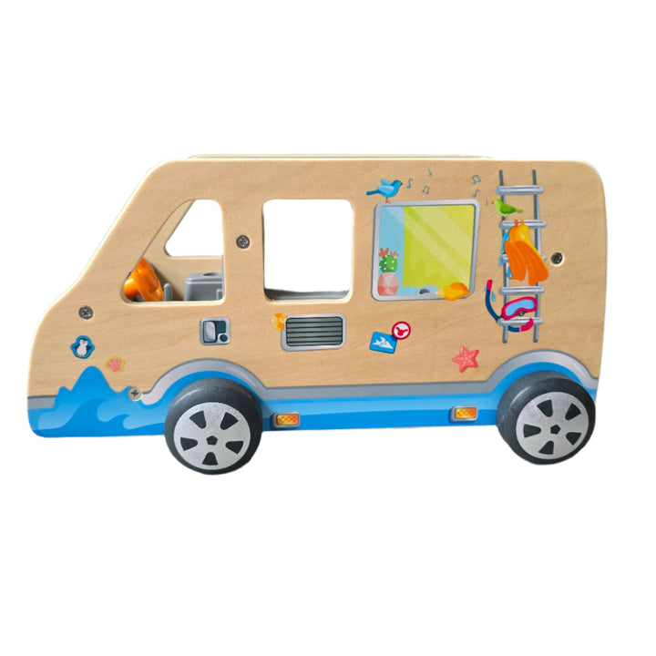 Hape, Adventure Van Toy, Head out for an amazing camping adventure with picnics, surfing and even hang-gliding with this brilliant, easy-to-carry camper van complete with dolls and accessories!