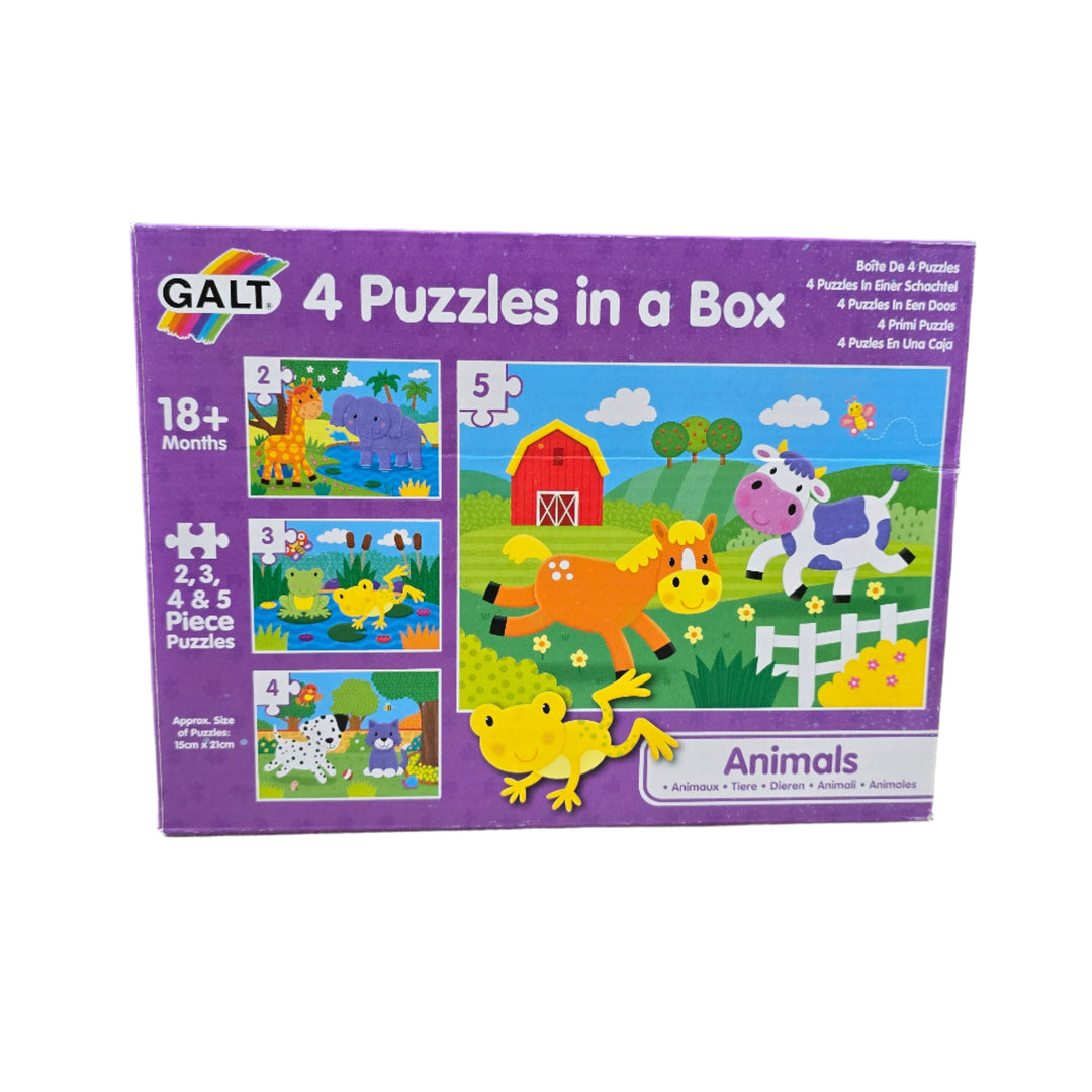 Galt, 4 Puzzles In A Box Animals, Colourful first puzzles of vehicle and animal scenes, each with a different number of pieces. Encourages the development of matching and sorting skills as the child progresses. Ideal first jigsaw puzzles that are easy to handle and quick to build.
