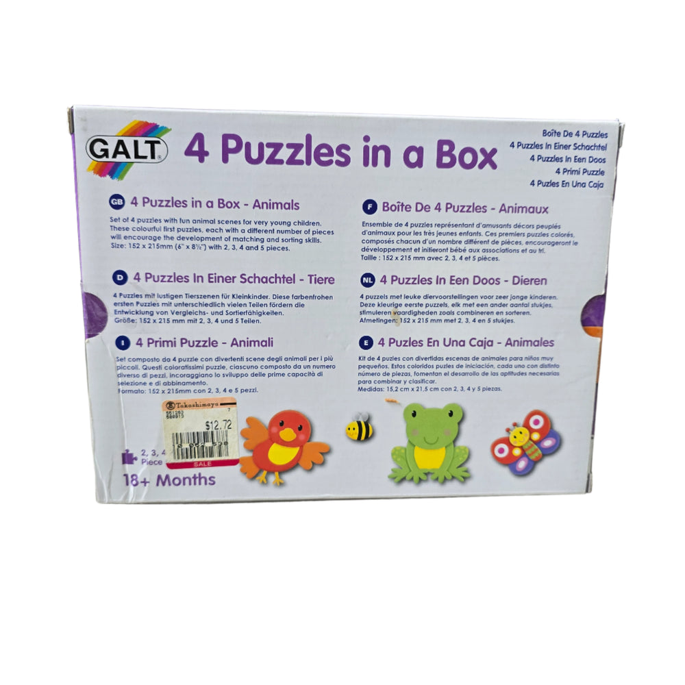Galt, 4 Puzzles In A Box Animals, Colourful first puzzles of vehicle and animal scenes, each with a different number of pieces. Encourages the development of matching and sorting skills as the child progresses. Ideal first jigsaw puzzles that are easy to handle and quick to build.