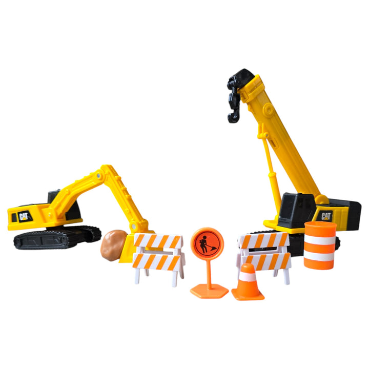 Cat, The Cat Little Machines Mega Set is packed with everything needed for getting big construction site jobs completed. It includes an assortment of Little Machines vehicles, exclusive XL Little Machines crane and excavator perfect for transport and digging, and various construction site accessories such as road signs, cones, barrels, and boulders.