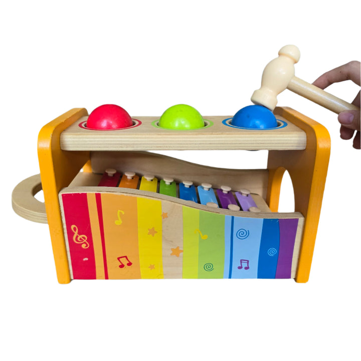 "Hape's Pound and Tap Bench with Slide Out Xylophone is a multifunctional musical delight and sound experience for toddlers.

Toddlers ages 12 months to 3 years can explore different notes and sounds by letting the balls fall on the keys or slide out the xylophone to create their own unique sound with a wooden mallet.

This musical instrument allows for different sounds and melodies making it the ideal introduction to the exciting world of music for your child."