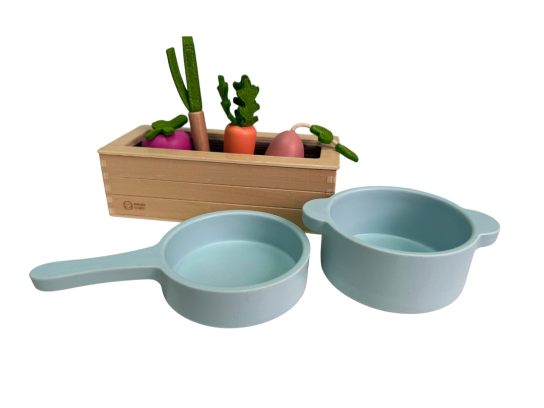Wood vegetables, planter box and cooking set from Let's pretend set (20-21 months)