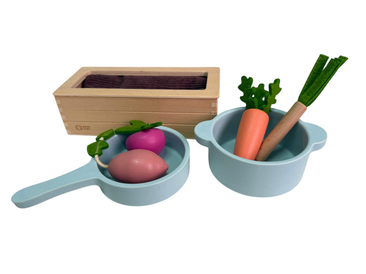 Wood vegetables, planter box and cooking set from Let's pretend set (20-21 months)