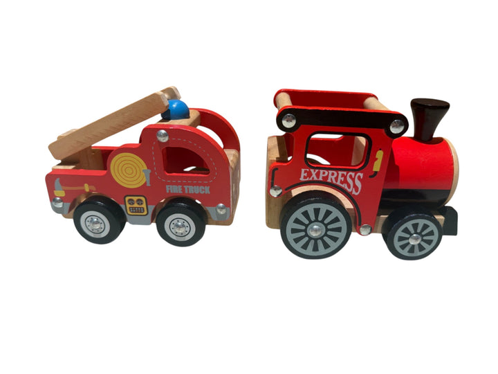 Wooden Push-along bundle – 'Fire Truck' with swivel ladder + 'Express' steam train