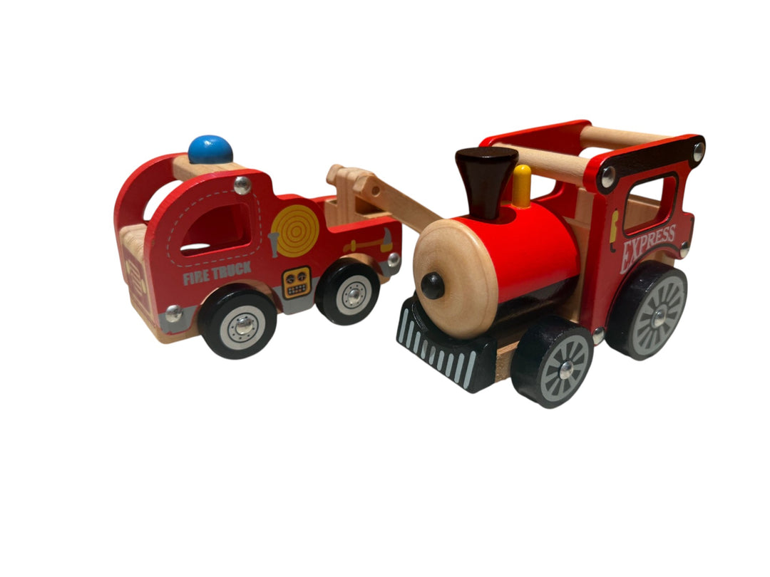 Wooden Push-along bundle – 'Fire Truck' with swivel ladder + 'Express' steam train