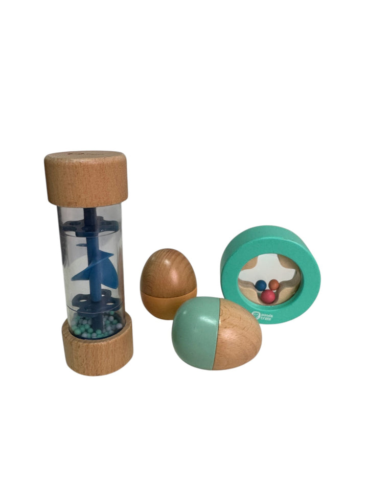 Round Wood Shaker, Waterfall Shaker, 2 Shaker eggs - Let's Listen Plus Set (6-7 months)