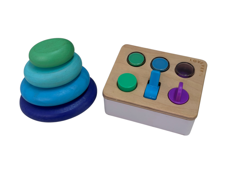 Sensory Switchboard, Wooden Stacking Stone & Organic Cotton Sensory Pouch (The Thinker Play Kit 11-12+)