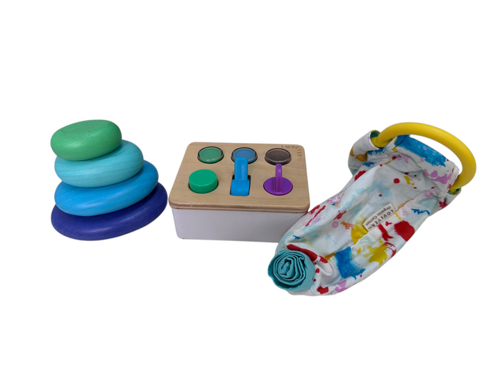 Sensory Switchboard, Wooden Stacking Stone & Organic Cotton Sensory Pouch (The Thinker Play Kit 11-12+)
