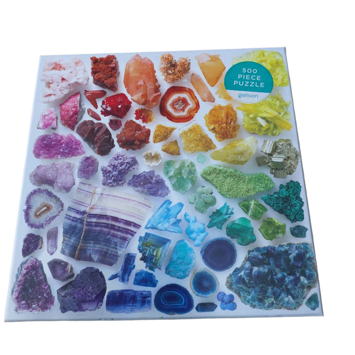 Galison, Crystals 500 Piece Puzzle, A beautiful array of colourful mineralogical samples, arrayed in a spectrum, and reproduced in this finely-made jigsaw.