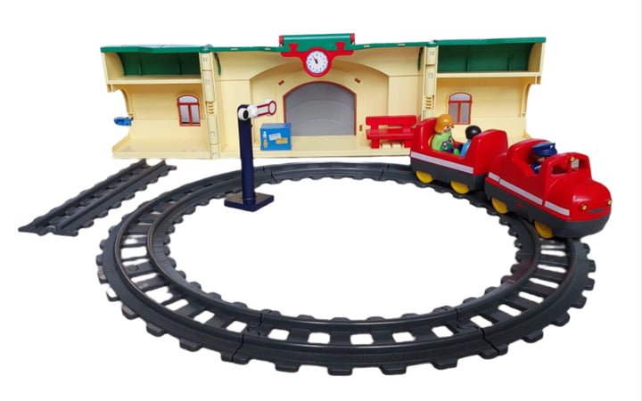 Playmobil, 6783 Take Along Train Set, All aboard! Cruise down the tracks on the My Take Along Train, With a bright and colorful design and large, rounded pieces, this Playmobil 1.2.3 set is ideal for toddlers, Train station doubles as a carrying case, making it the perfect set for toddlers on the go, Simply unlatch the side to reveal storage space for the three figures, two train cars, tracks, bench, suitcase, and traffic sign, Encourages children to explore and learn while having fun.