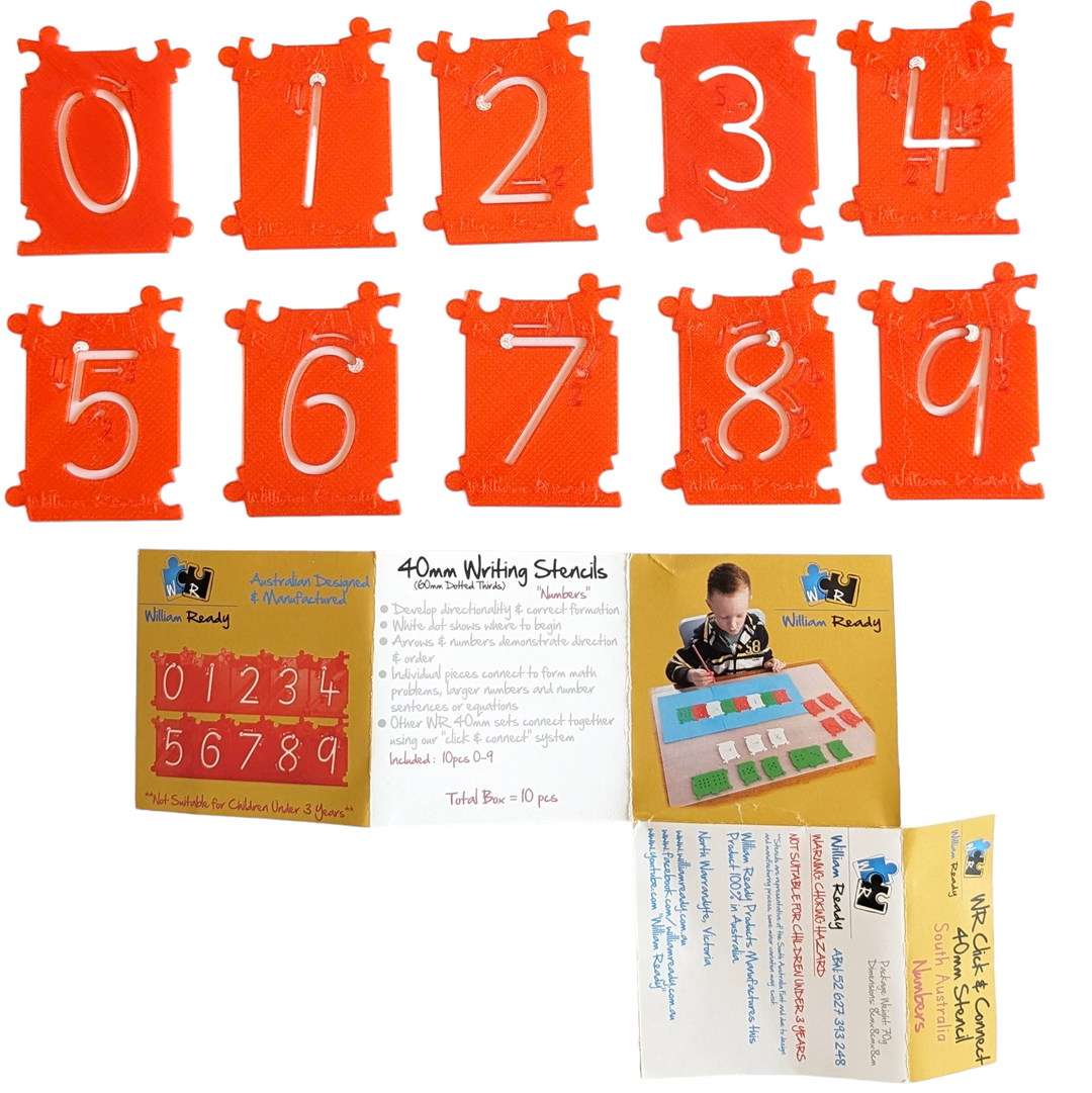 William Ready, Click n Connect Number Stencils, Sensory & Language Development, These Click n Connect number stencils are easy to use, with the patented 'William Ready Click' design. The click n connect design enables numbers (and letters if you have other sets) to be joined to make all sorts of combinations. The simple click together system also helps children to build their fine motor skills, while developing their writing and numeracy skills.All 10 numbers (0-9) are 40 mm and available in red as pictured