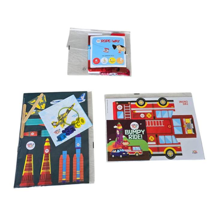 Genius Box - Play Some Learning, Step-by-Step D.I.Y Instruction manual and Certificate Kit includes following learning activities: 1. Submarine 3D Foam Puzzle, 2. Jet Set Go. 3. Bumpy Ride!, 4. Genius Box City Play-Mat, 5. Watch Out!, 6. Stop And Go!, 7. UP,UP I GO!, 8. Sailing Away!, 9. Rope-Way!
