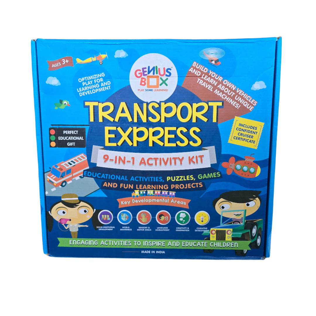 Genius Box - Play Some Learning, Step-by-Step D.I.Y Instruction manual and Certificate Kit includes following learning activities: 1. Submarine 3D Foam Puzzle, 2. Jet Set Go. 3. Bumpy Ride!, 4. Genius Box City Play-Mat, 5. Watch Out!, 6. Stop And Go!, 7. UP,UP I GO!, 8. Sailing Away!, 9. Rope-Way!