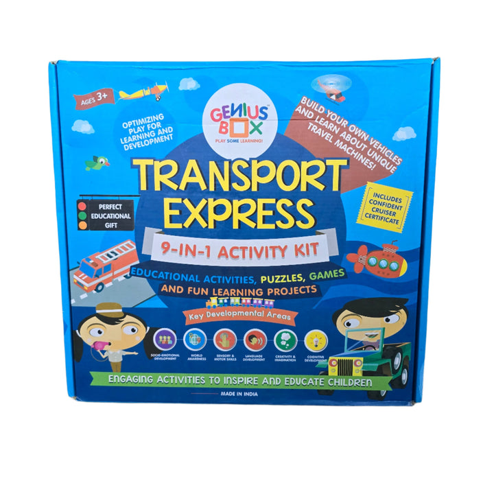 Genius Box - Play Some Learning, Step-by-Step D.I.Y Instruction manual and Certificate Kit includes following learning activities: 1. Submarine 3D Foam Puzzle, 2. Jet Set Go. 3. Bumpy Ride!, 4. Genius Box City Play-Mat, 5. Watch Out!, 6. Stop And Go!, 7. UP,UP I GO!, 8. Sailing Away!, 9. Rope-Way!