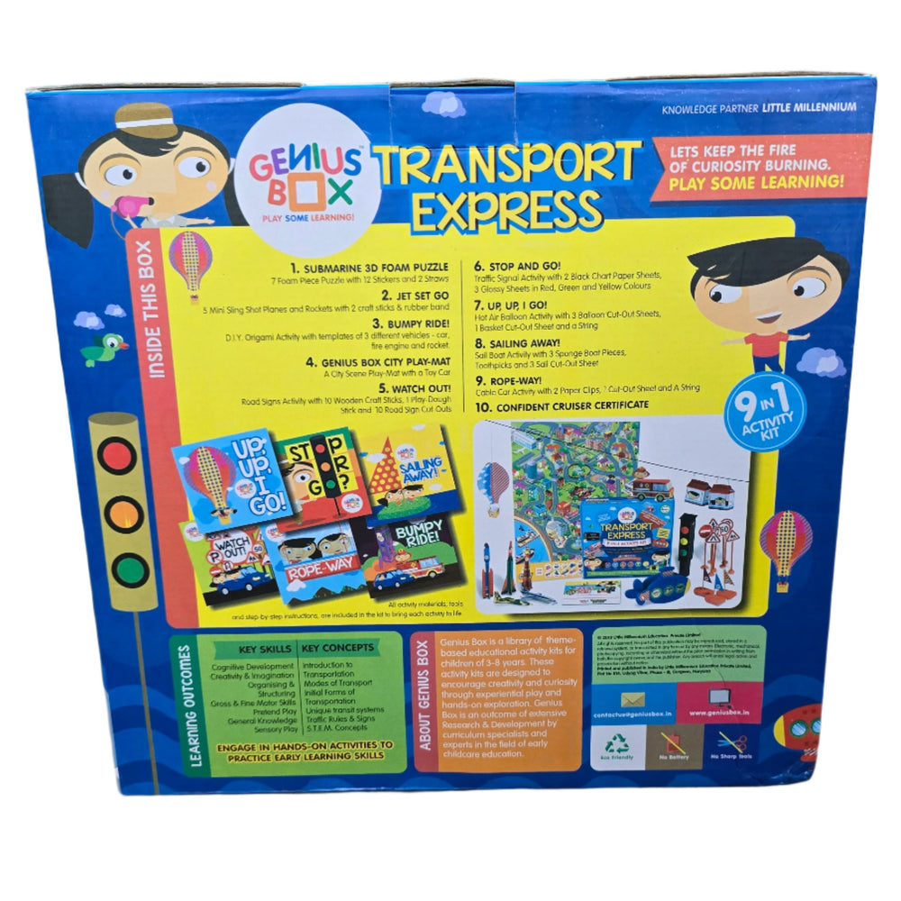 Genius Box - Play Some Learning, Step-by-Step D.I.Y Instruction manual and Certificate Kit includes following learning activities: 1. Submarine 3D Foam Puzzle, 2. Jet Set Go. 3. Bumpy Ride!, 4. Genius Box City Play-Mat, 5. Watch Out!, 6. Stop And Go!, 7. UP,UP I GO!, 8. Sailing Away!, 9. Rope-Way!