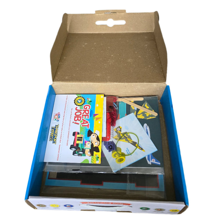 Genius Box - Play Some Learning, Step-by-Step D.I.Y Instruction manual and Certificate Kit includes following learning activities: 1. Submarine 3D Foam Puzzle, 2. Jet Set Go. 3. Bumpy Ride!, 4. Genius Box City Play-Mat, 5. Watch Out!, 6. Stop And Go!, 7. UP,UP I GO!, 8. Sailing Away!, 9. Rope-Way!